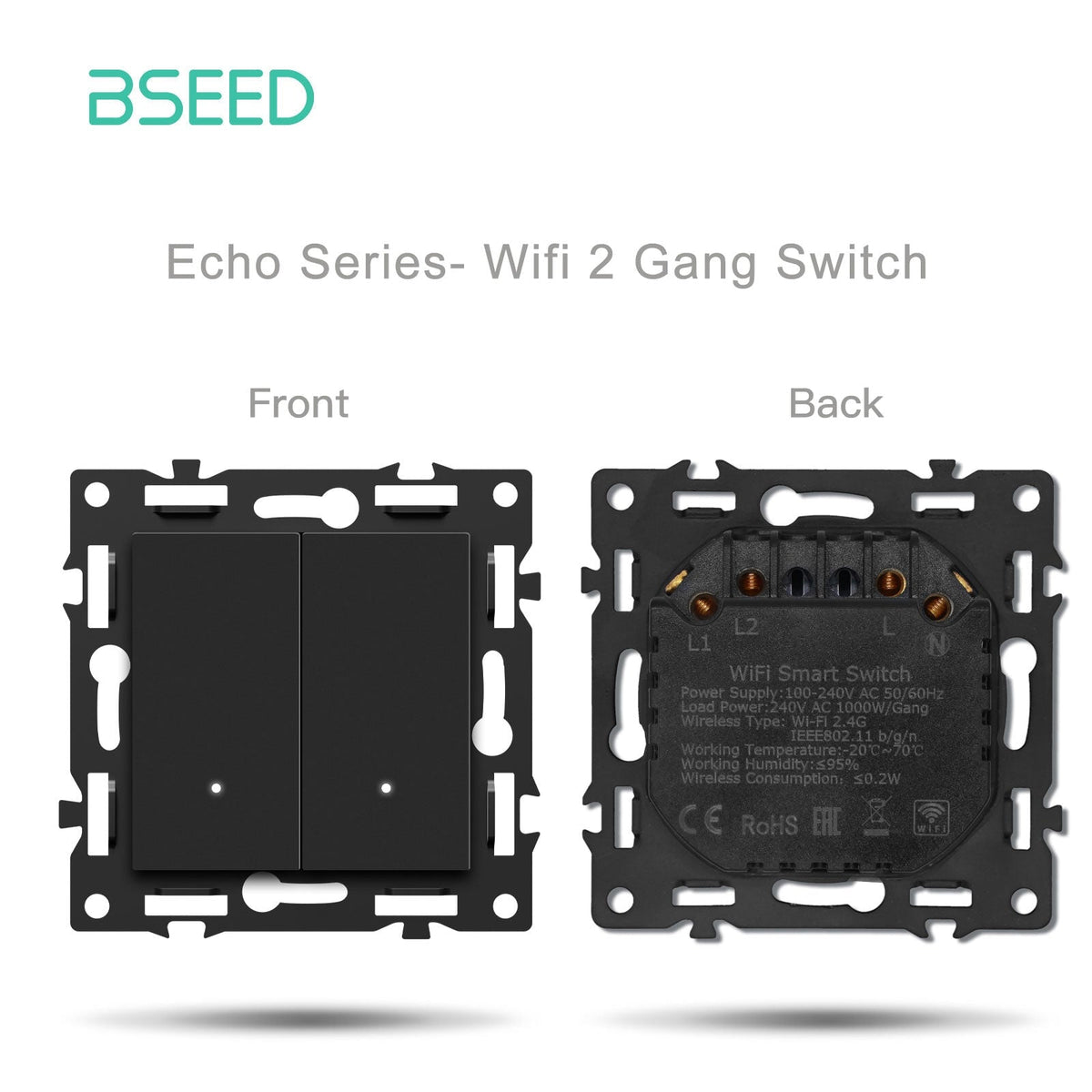Interruttore Wi-Fi intelligente Bseed serie Click, parte fai-da-te con combinazioni personalizzabili, pannello in vetro cristallo nero, interruttore 2 Gang, richiede cavo neutro.
