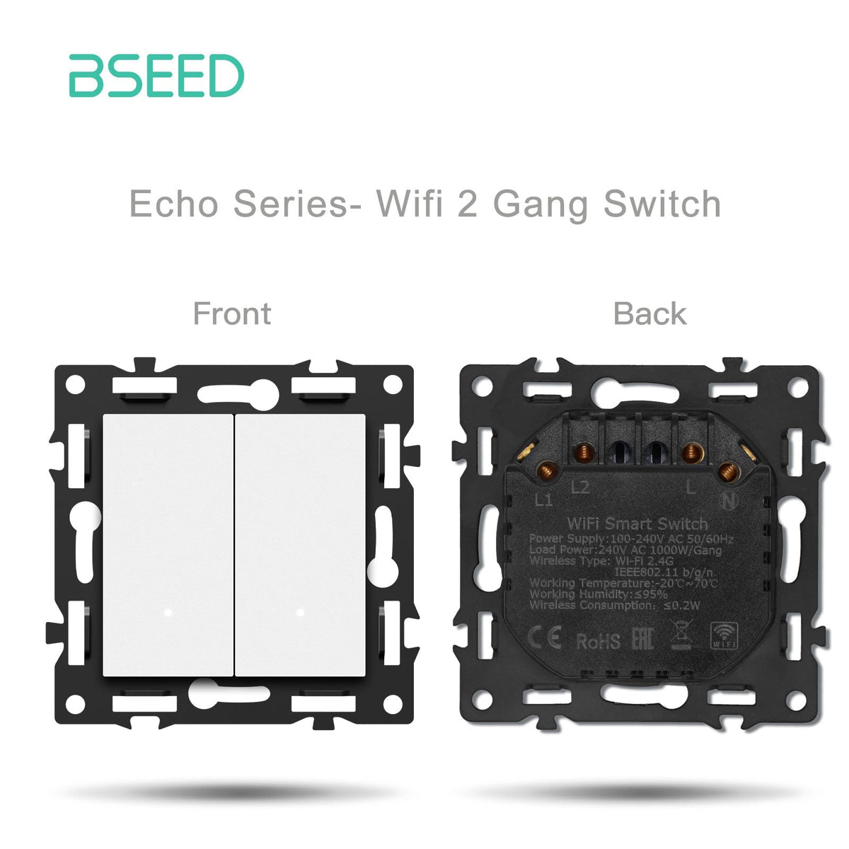 Interruttore Wi-Fi intelligente Bseed serie Click, parte fai-da-te con combinazioni personalizzabili, inserto presa, pannello in vetro cristallo bianco, interruttore 2 Gang, richiede filo neutro