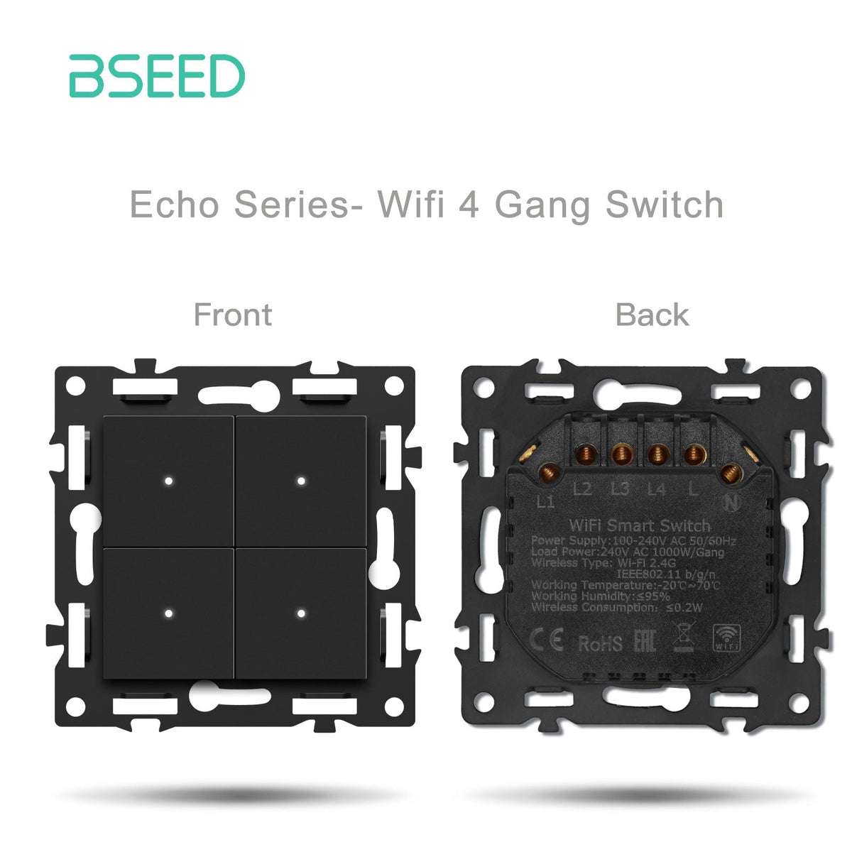 Interruttore Smart Wi-Fi serie Click fai-da-te, componenti personalizzabili, combinazioni libere, modulo presa, pannello in vetro cristallo nero, interruttore luce Wi-Fi Bseed a 4 vie, richiede filo neutro