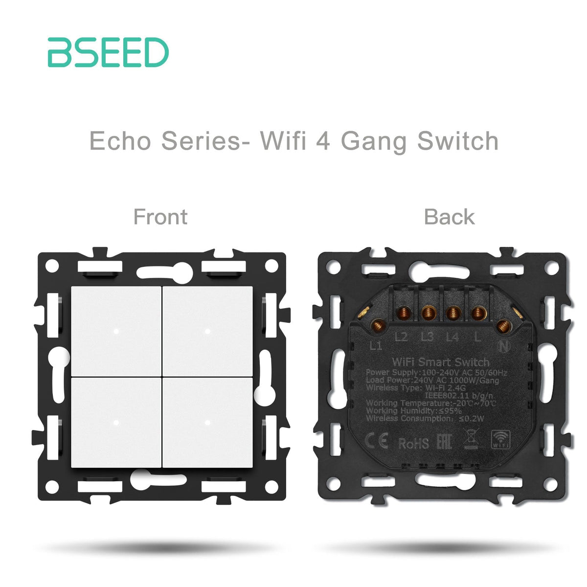 Interruttore Wi-Fi intelligente Bseed serie Click, componente fai-da-te personalizzabile, combinazioni libere, pannello in vetro cristallo bianco, interruttore Wi-Fi a 4 vie, richiede filo neutro