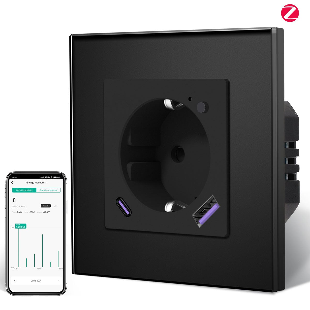 BSEED Echo Zigbee Eu Standards Socket with Energy Monitoring Smart Zigbee Electric Socket Work with Alexa Google Assitant socket Bseedswitch Black Single