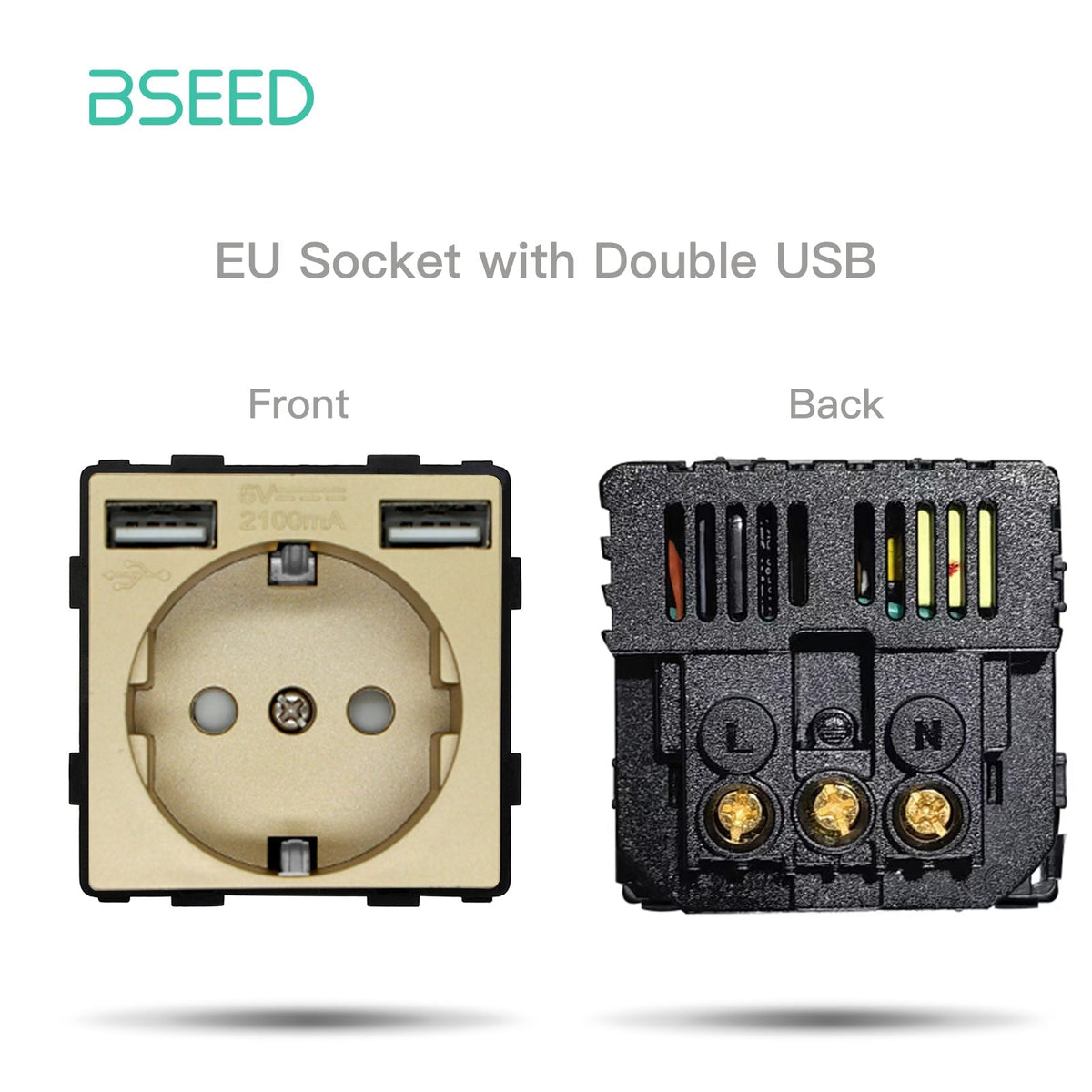 Inserto per presa elettrica Bseed, componente a muro per interruttori fai-da-te, colore oro, presa europea con doppia porta USB da 10W