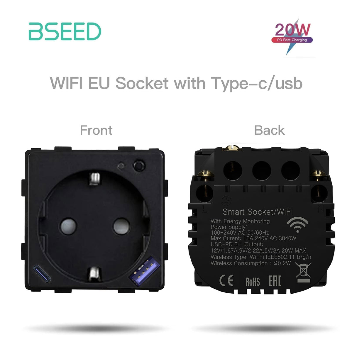 Bseed Crystal Glass Frame Smart Switch Socket Frame USB RJ45 Socket TV Satellite Wall Plug Function Parts DIY Free Combination Black Color Power Outlets & Sockets Bseedswitch WiFi Eu Socket with Energy monitoring +20W USB TYPE-C