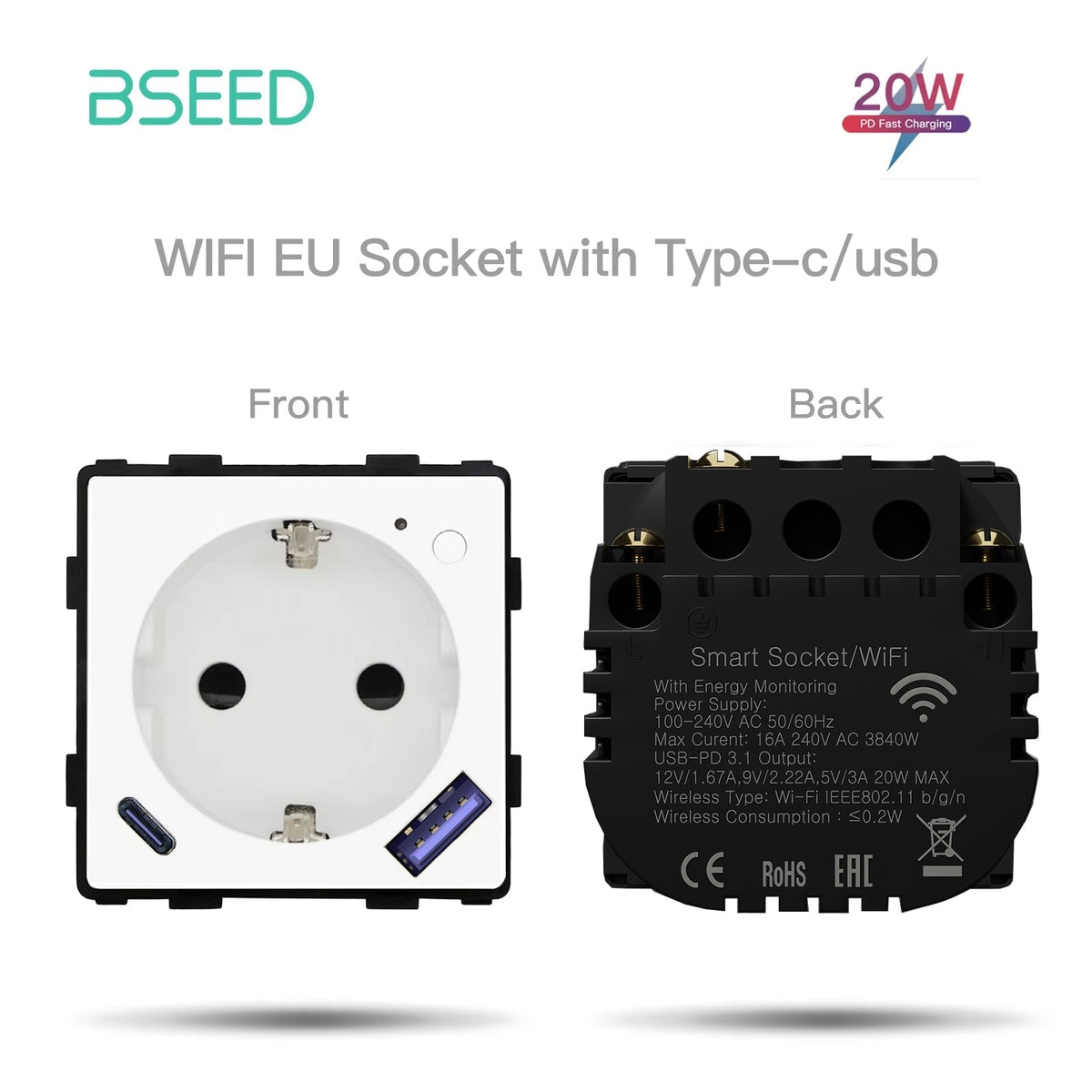 Bseed Crystal Glass Frames Socket Frame USB RJ45 Socket TV Satellite Wall Plug Function Parts DIY Free Combination White Color Power Outlets & Sockets Bseedswitch wifi eu socket with energy monitoring+20w usb type-c