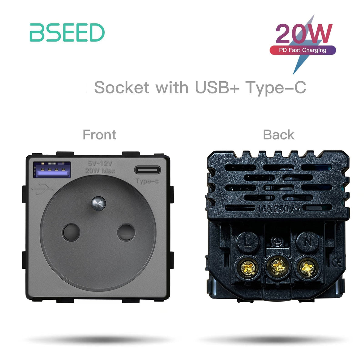 BSEED French Type-C Interface Outlet Wall Socket 16A USB Charge Power Outlets & Sockets Bseedswitch Grey 20W