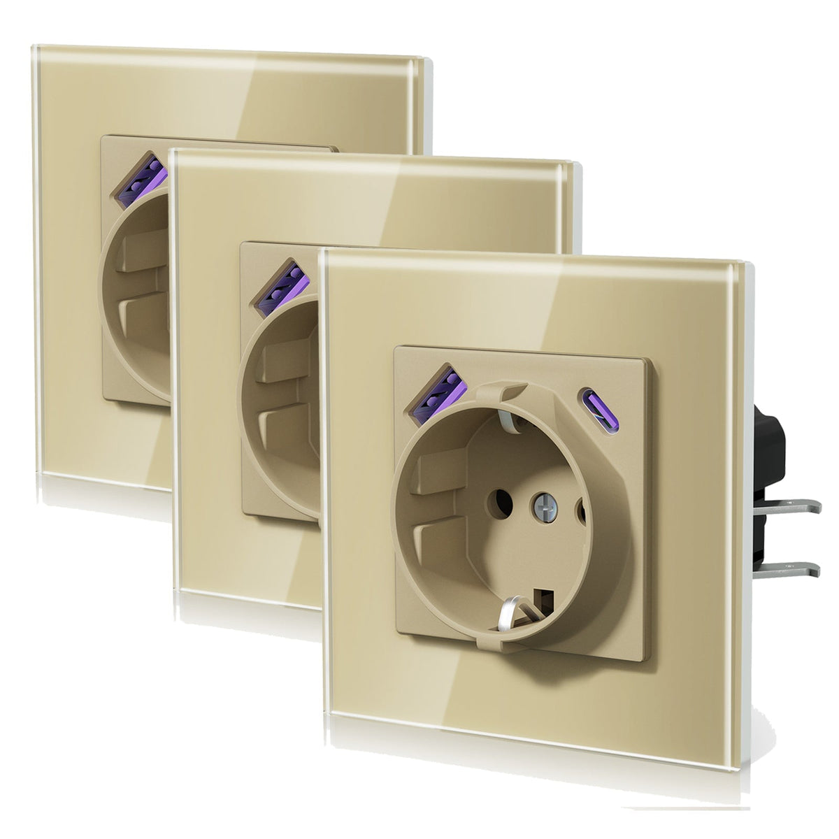 Enchufes BSEED 20W EU con tecnología Claw de carga rápida USB tipo C. Regletas y enchufes BSEEDswitch Gold individuales. Paquete de 3 unidades.