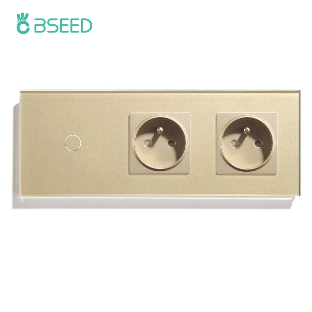 Bseed Wall Light Switch with Double France Socket 16A Plug Glass Panel Wall Plates & Covers Bseedswitch Gold 1 Gang 1way