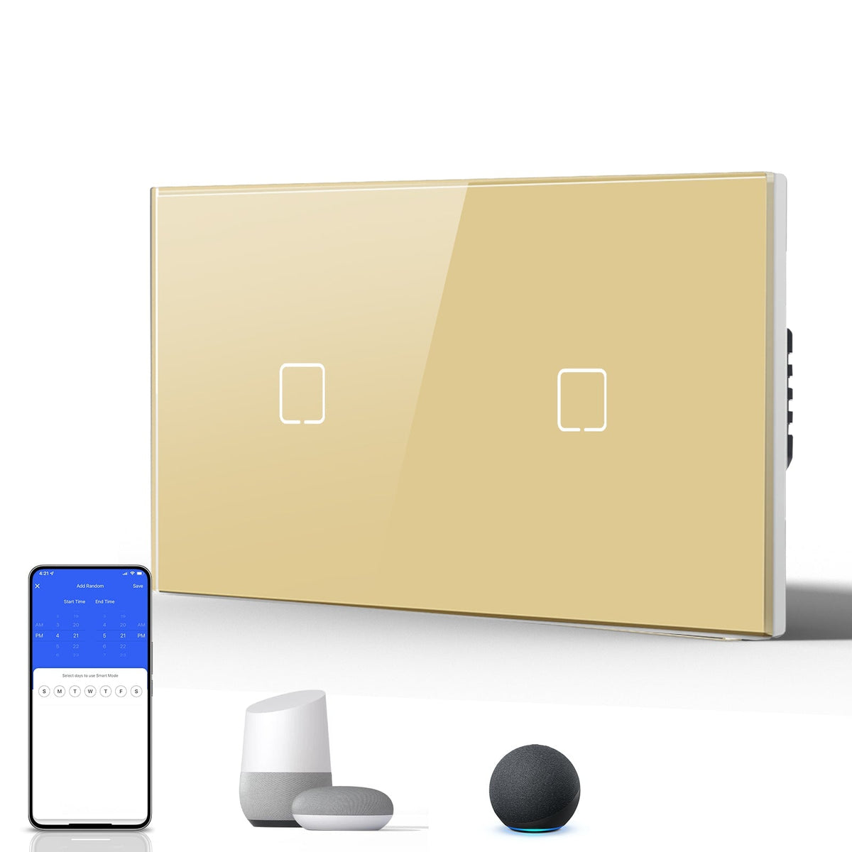 Echo Serie Smart Wifi Light Switch (With Neutral) Double Light Switch For Home Glass Panel Light Switches Bseedswitch Gold 1 Gang