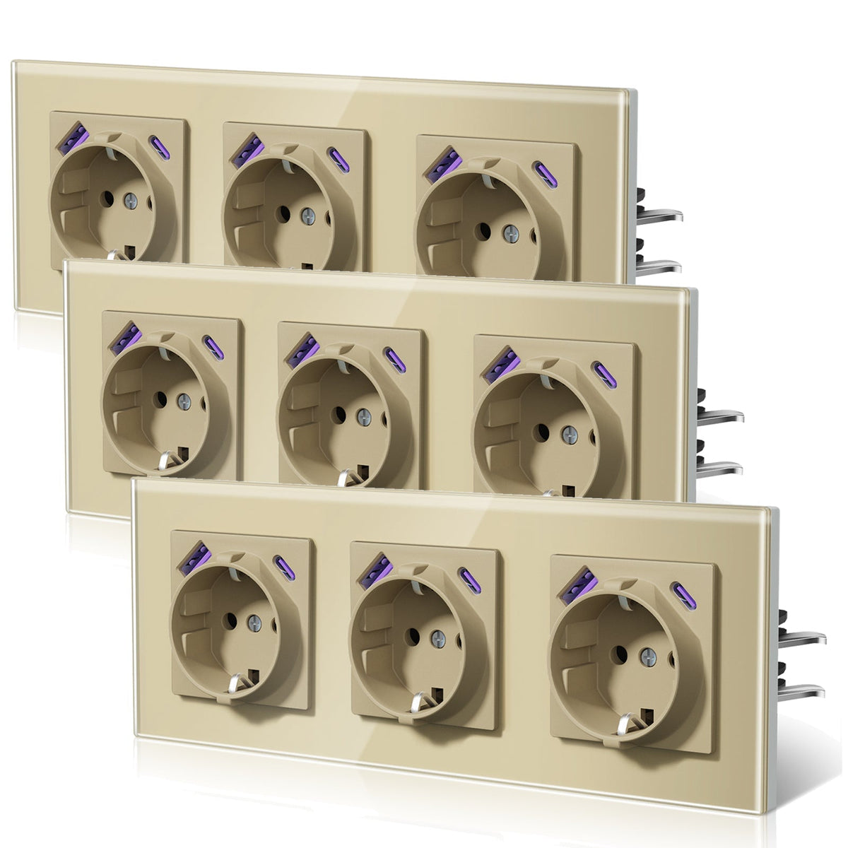 Enchufes BSEED 20W EU con tecnología Claw de carga rápida USB tipo C. Regletas y enchufes BSEEDswitch Gold Triple. Paquete de 3 unidades.