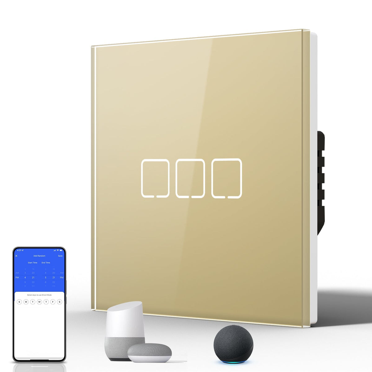 Echo Serie Smart Zigbee Light Switch (With Neutral) Glass Panel Light Switches Bseedswitch Gold 3 Gang 86mm