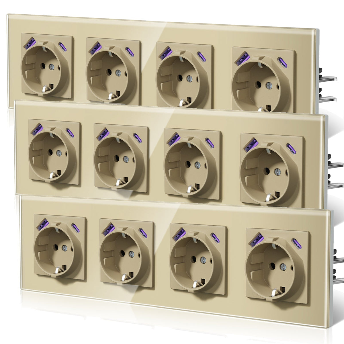 Enchufes BSEED 20W EU con tecnología Claw de carga rápida USB tipo C. Regletas y enchufes BSEEDswitch Gold Quadruplet. Paquete de 3 unidades.