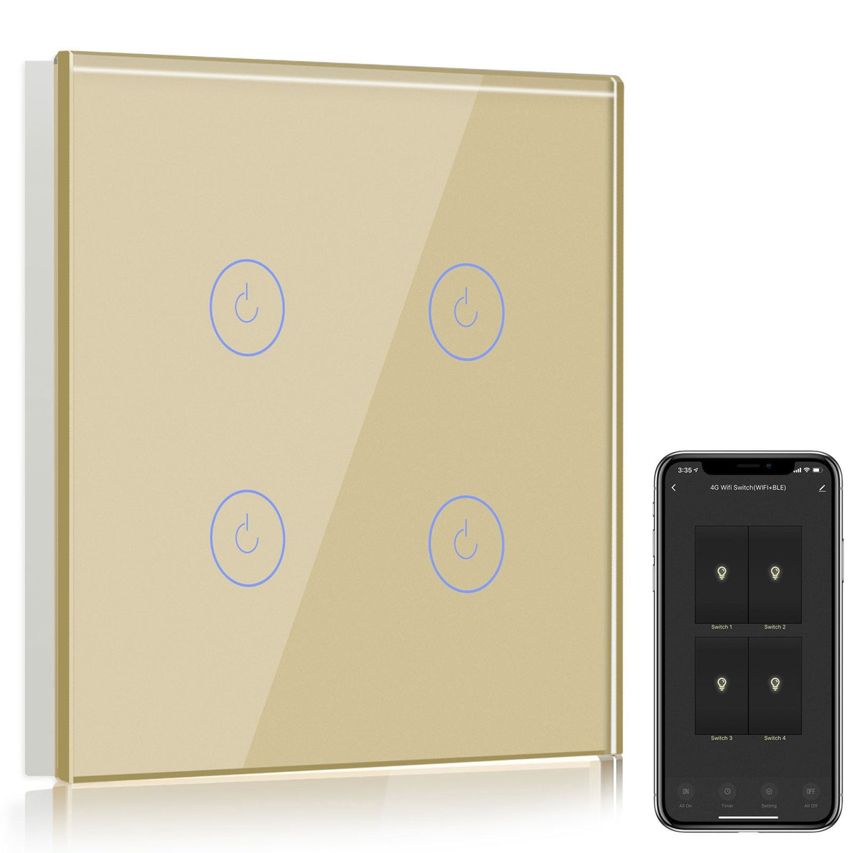 Bseed Smart Wifi Light Switch 4 Gang (With Neutral) Light Switches Bseedswitch Gold 1Pcs/Pack