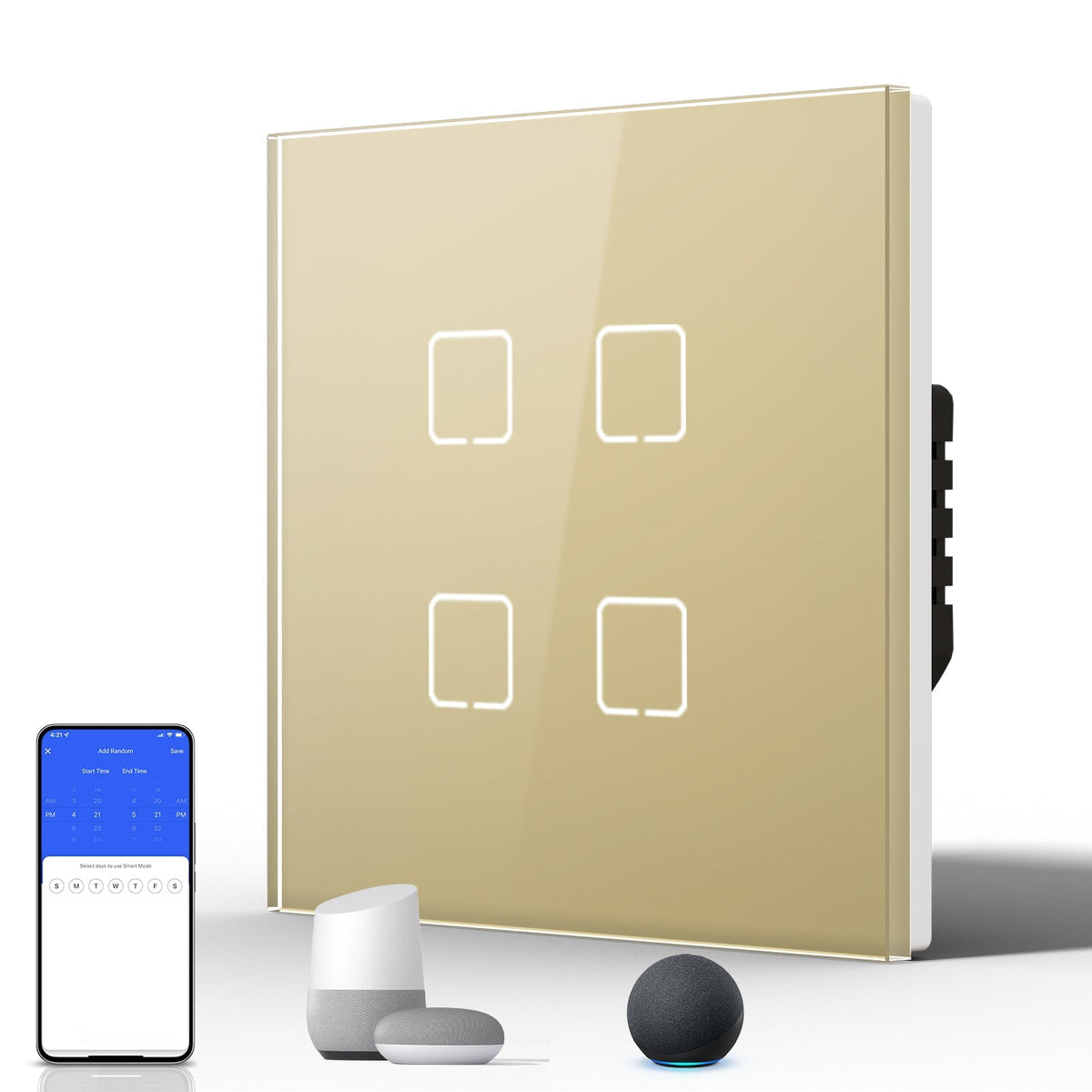 Echo Serie Smart Zigbee Light Switch (With Neutral) Glass Panel Light Switches Bseedswitch Gold 4 Gang 86mm