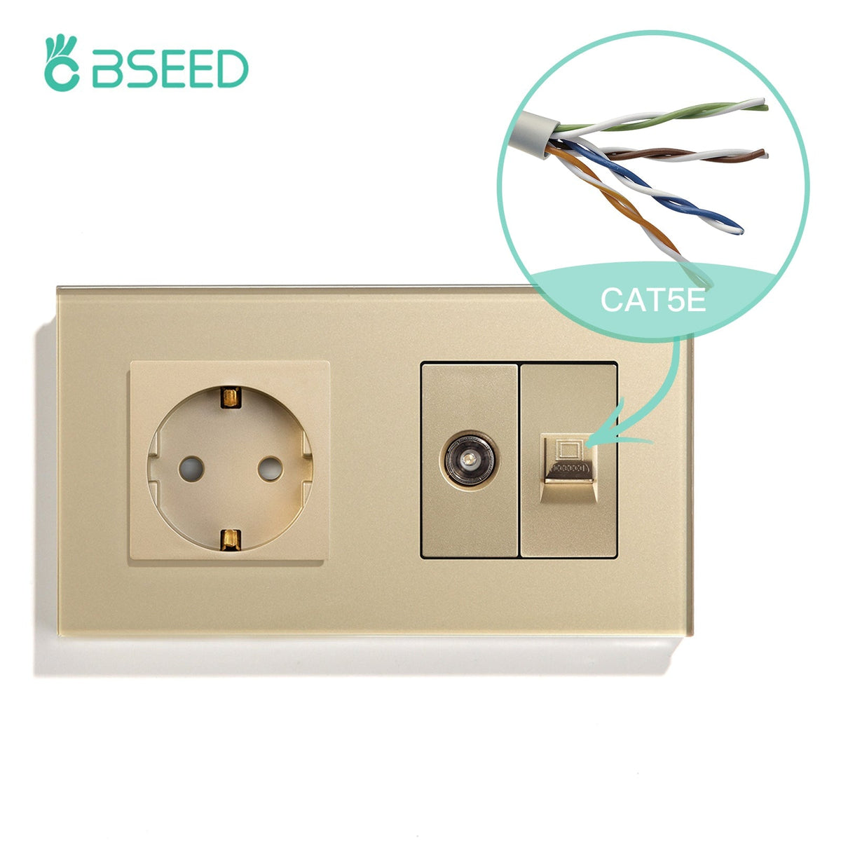 BSEED EU Standard Wall Socket With TV PC Socket Crystal Glass Panel Power Outlets & Sockets Bseedswitch Golden 157mm