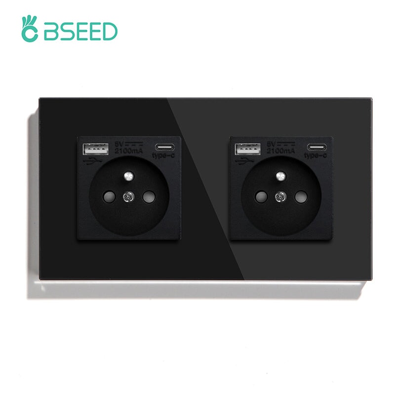 BSEED FR Wall Sockets Type-C Interface Outlet Wall Socket With Charge Port With USB Power Outlets Kids Protection 16A Wall Plates & Covers Bseedswitch black Double