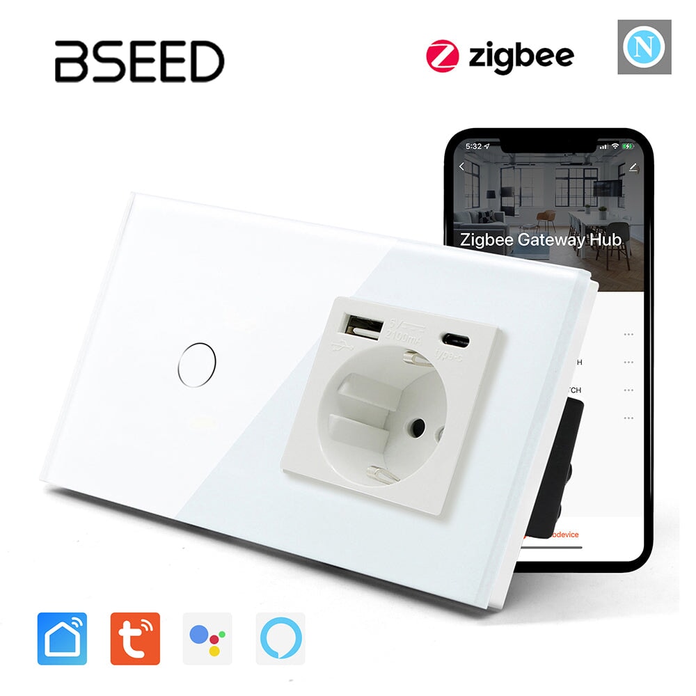 Bseed Zigbee 1/2/3 Light Switch 1/2/3 Way With EU Socket With USB and type-c Light Switches Bseedswitch White 1 Gang 