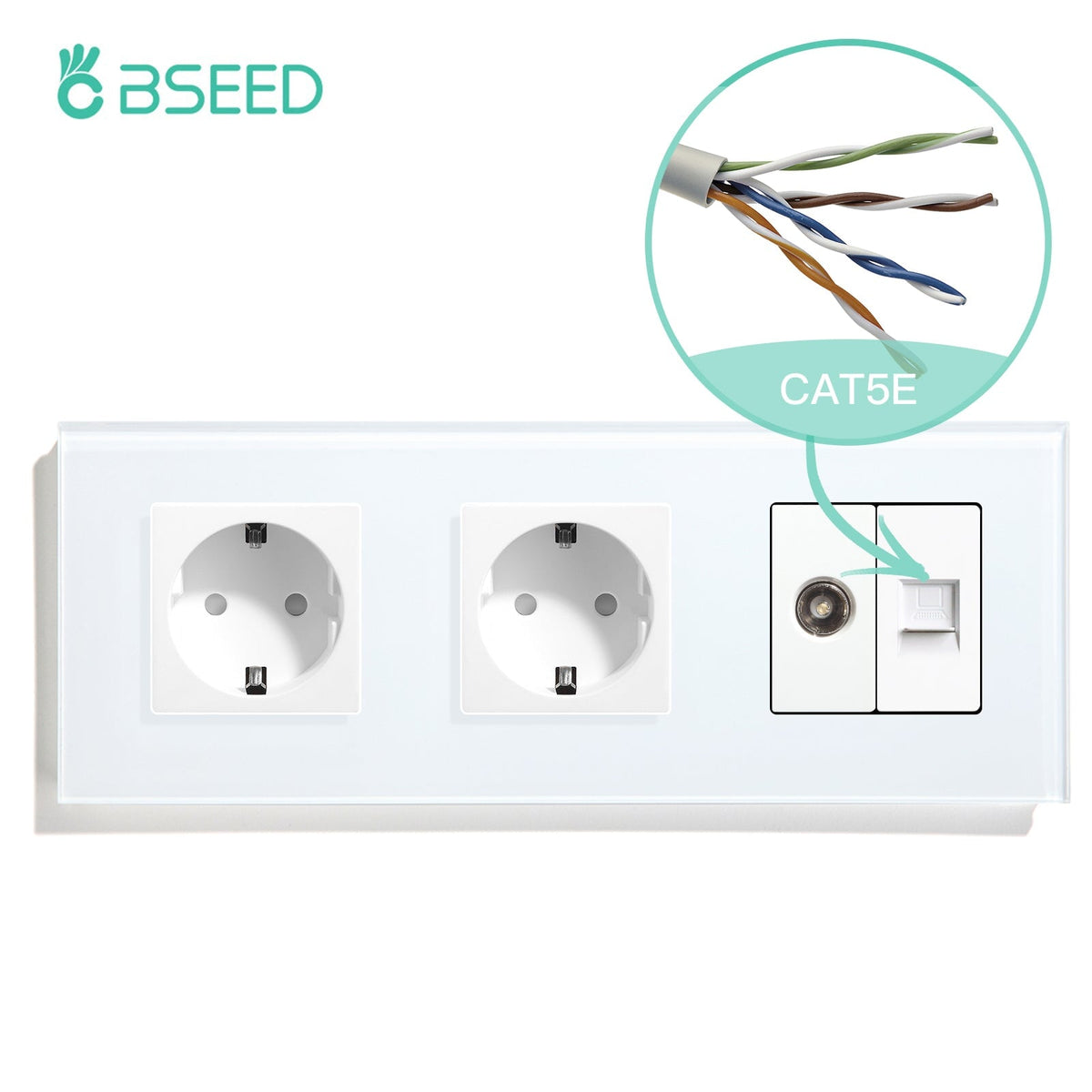BSEED EU Standard Wall Socket With TV PC Socket Crystal Glass Panel Power Outlets & Sockets Bseedswitch White 228mm
