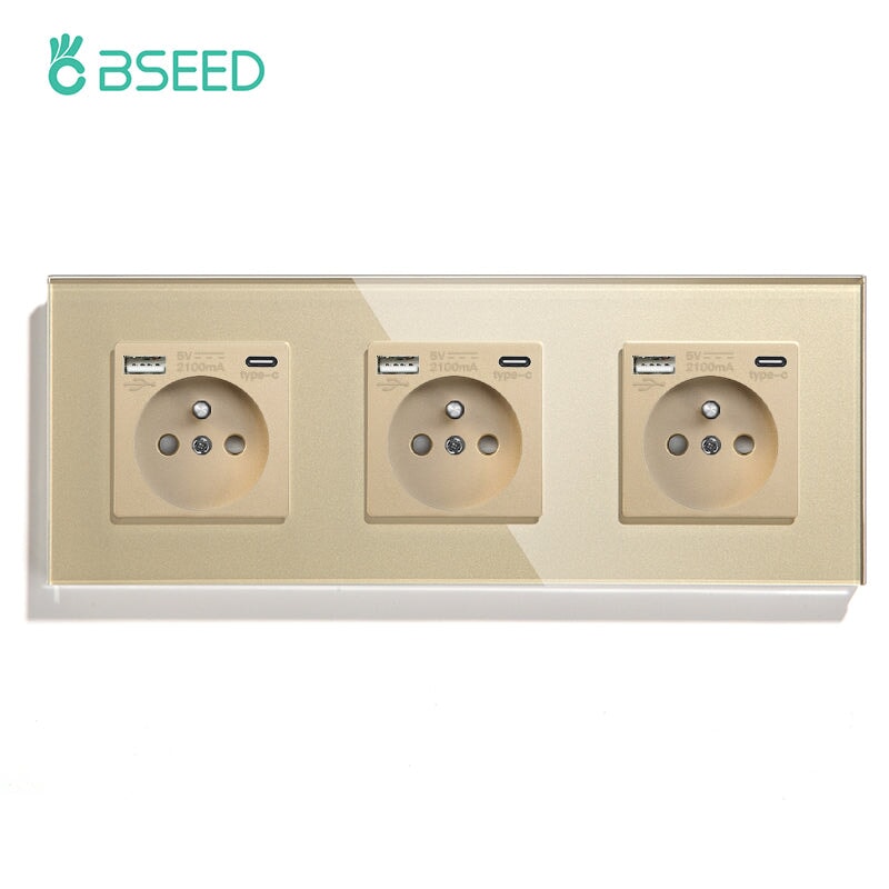 BSEED FR Wall Sockets Type-C Interface Outlet Wall Socket With Charge Port With USB Power Outlets Kids Protection 16A Wall Plates & Covers Bseedswitch gold Triple