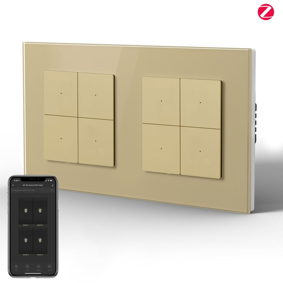Double light switch intelligent Zigbee BSEED (avec neutre), hub requis, compatible avec Tuya et Alexa. Interrupteur mural Bseed, 4 Gang, couleur or.