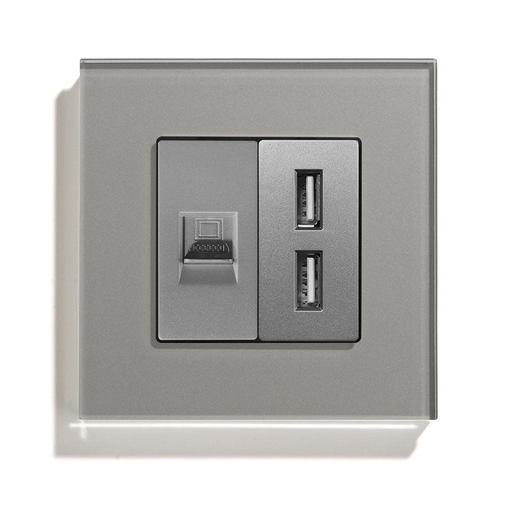 BSEED EU Socket With CAT5 And Double USB Power Outlets & Sockets Bseedswitch Grey 86mm