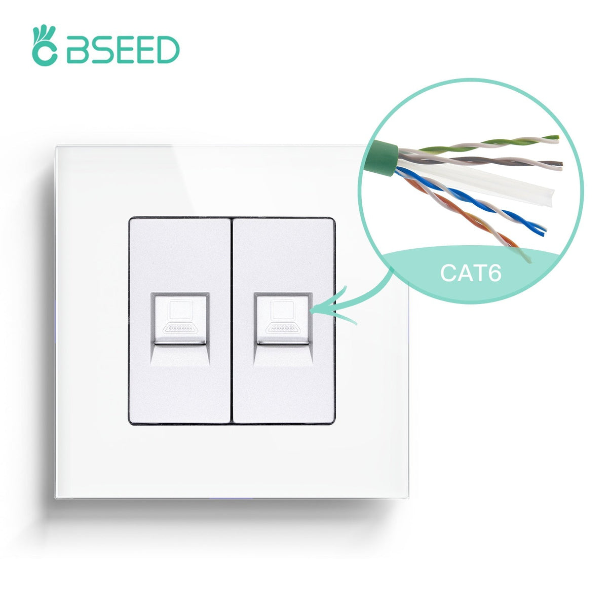 Bseed Glass Frame CAT5 Socket 86mm RJ45 computer network socket Bseedswitch White CAT6