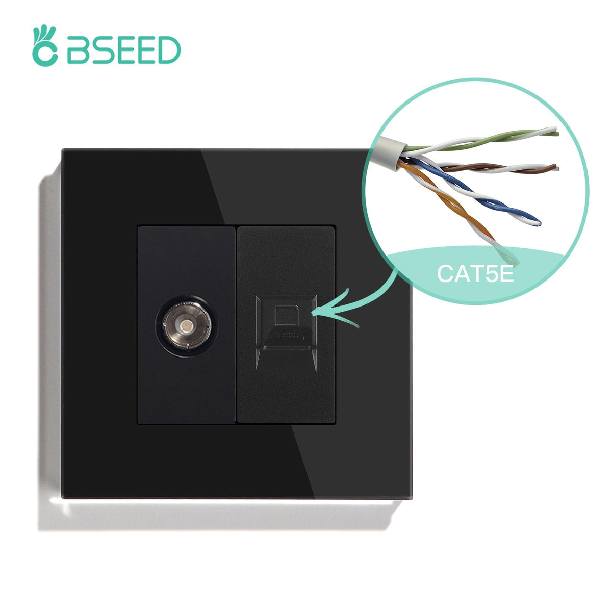 BSEED EU Standard Wall Socket With TV PC Socket Crystal Glass Panel Power Outlets & Sockets Bseedswitch Black 86mm