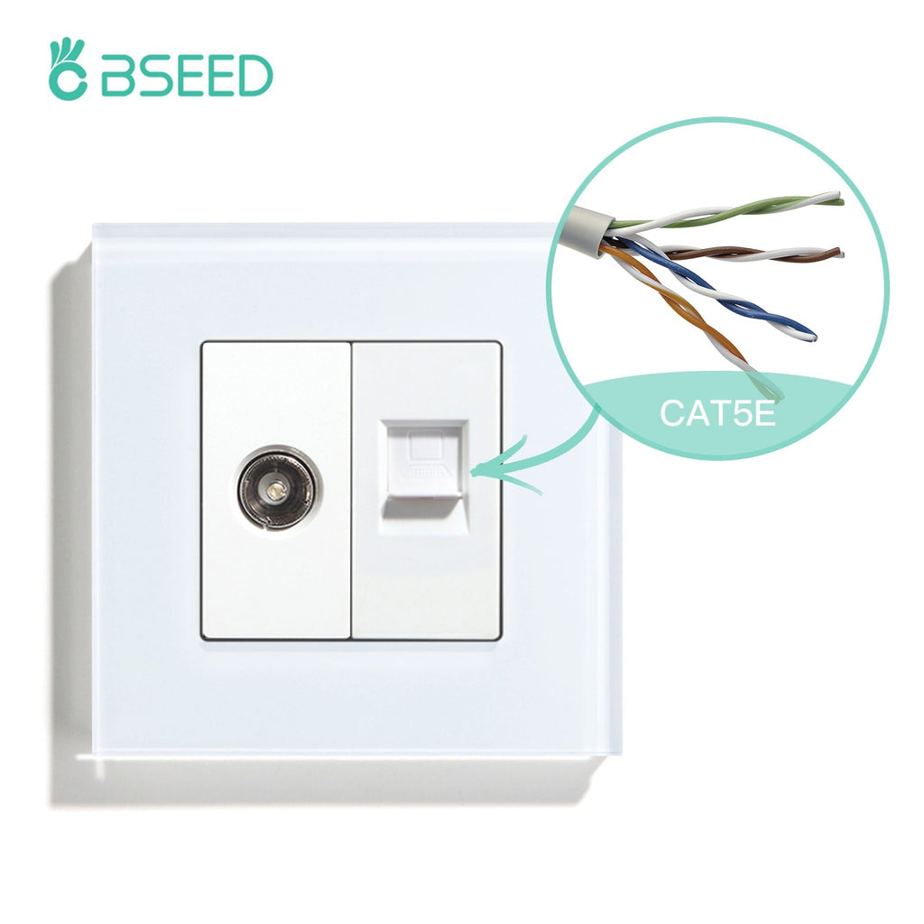 BSEED EU Standard Wall Socket With TV PC Socket Crystal Glass Panel Power Outlets & Sockets Bseedswitch White 86mm 