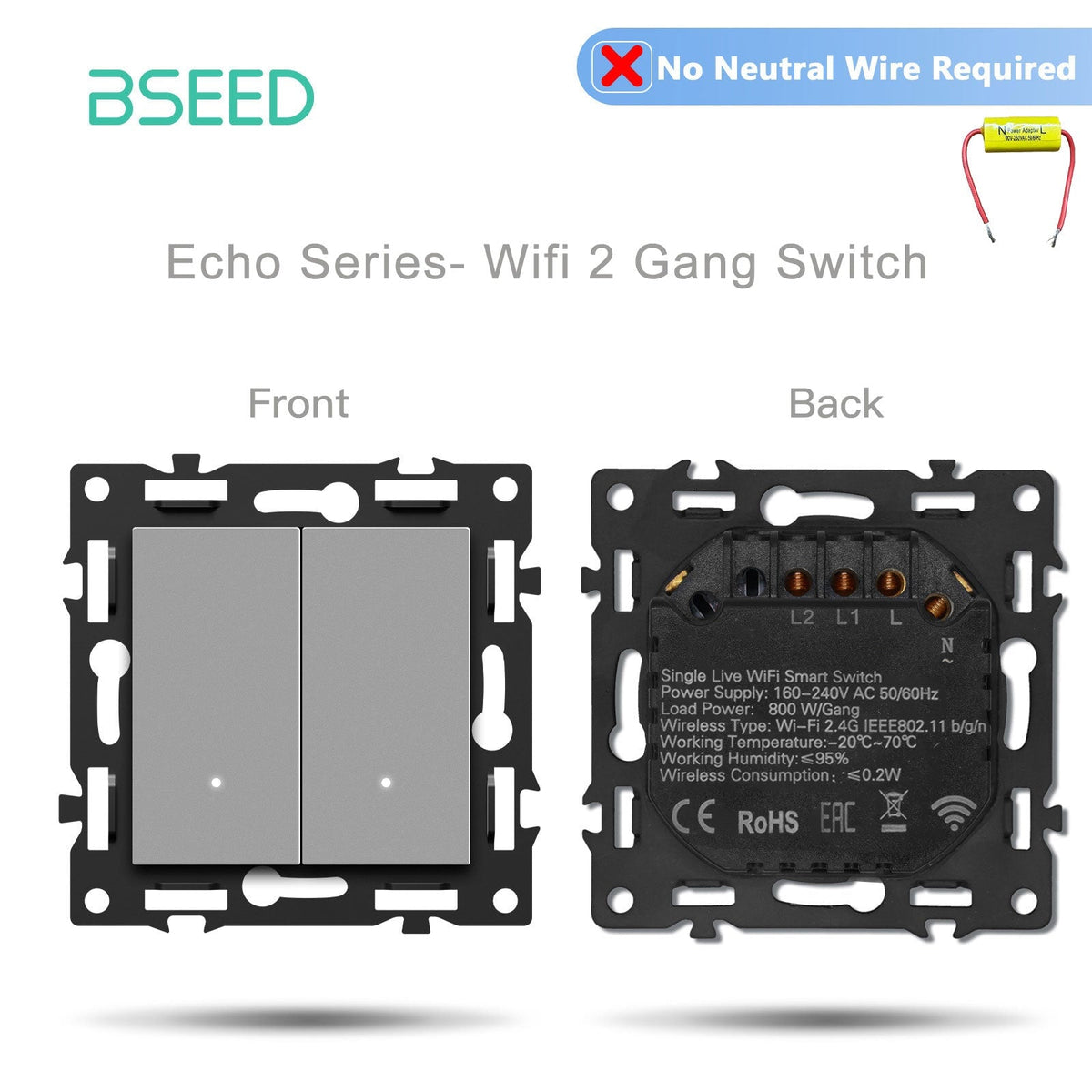 Click Series DIY Part Customized Free Combinations Smart Wifi Switch Socket Insert Grey Color Crystal Glass Panel Light Switches Bseedswitch Wifi 2 Gang Switch without Neutral Line
