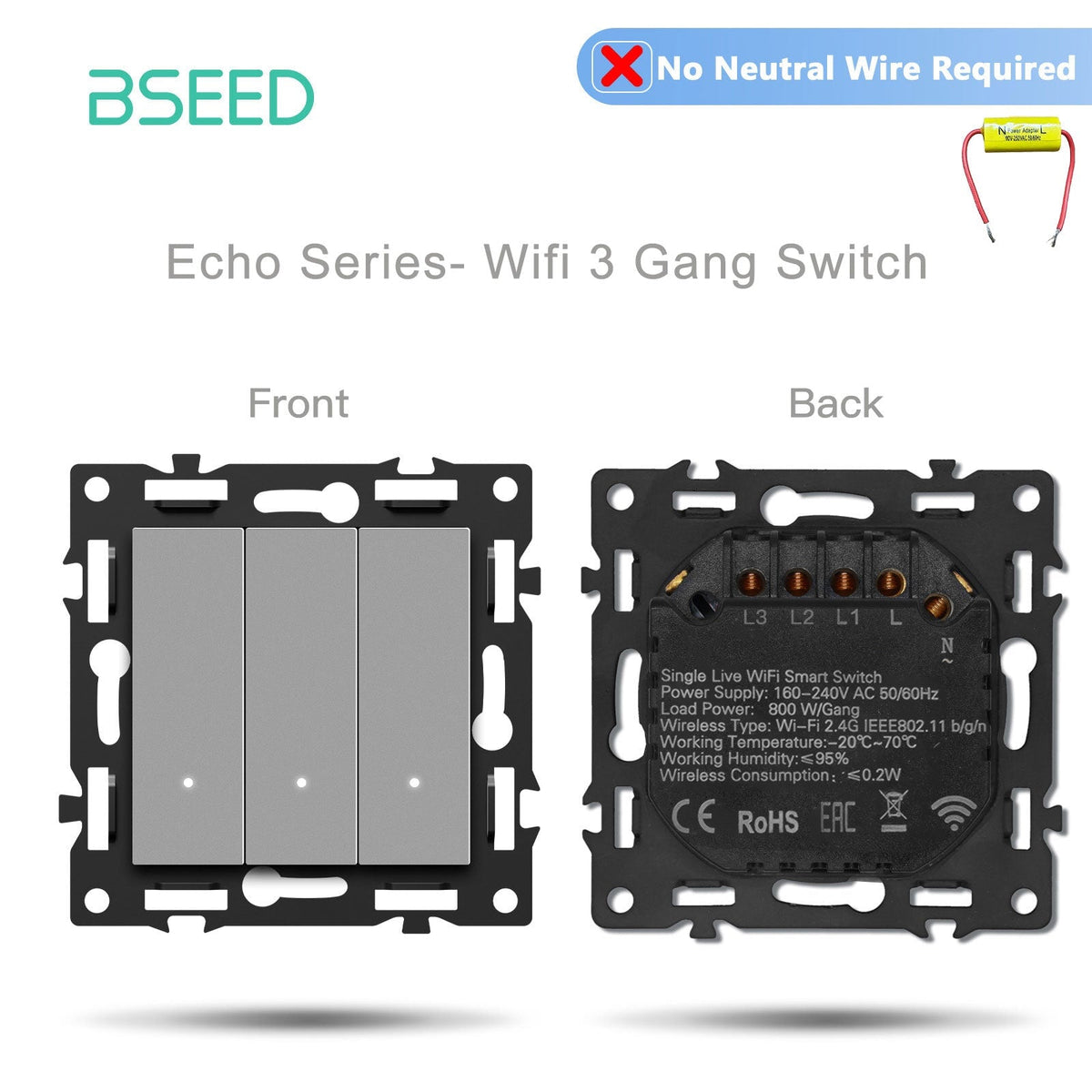 Click Series DIY Part Customized Free Combinations Smart Wifi Switch Socket Insert Grey Color Crystal Glass Panel Light Switches Bseedswitch Wifi 3 Gang Switch without Neutral Line