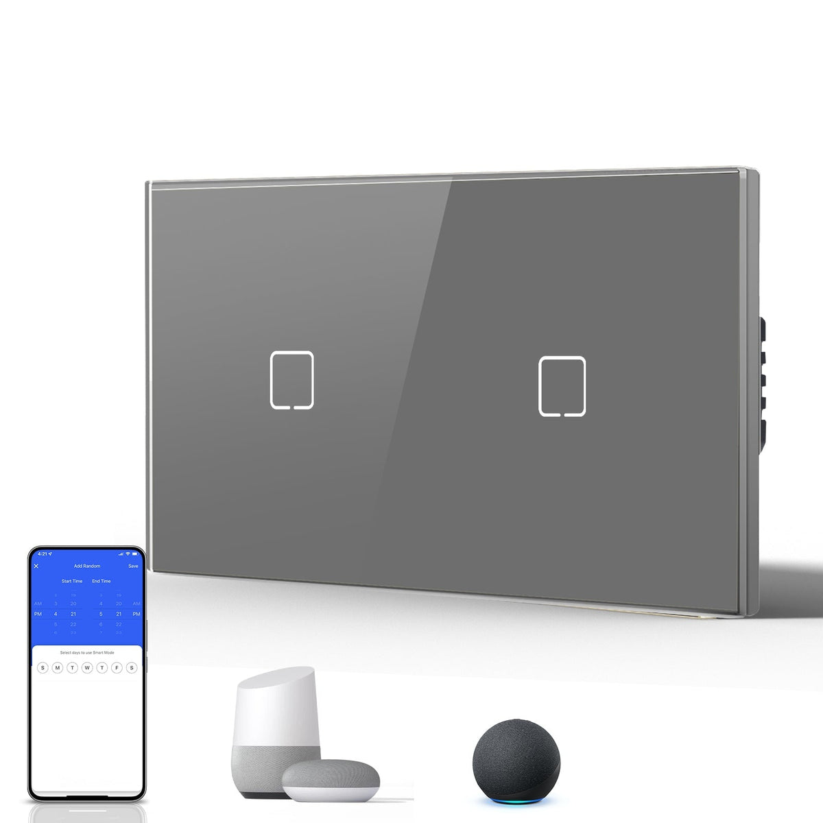 Echo Serie Smart Wifi Light Switch (With Neutral) Double Light Switch For Home Glass Panel Light Switches Bseedswitch Gray 1 Gang