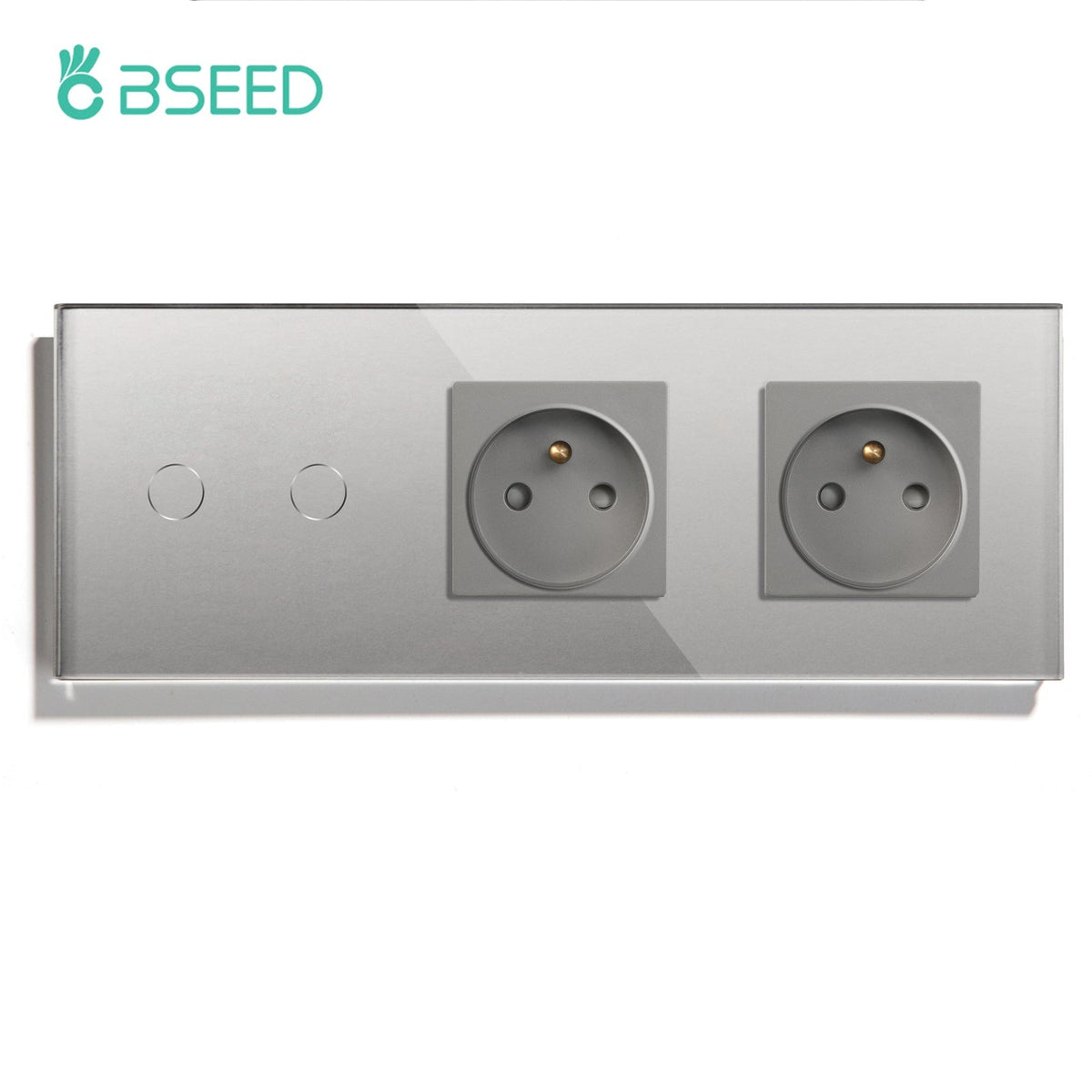 Bseed Wall Light Switch with Double France Socket 16A Plug Glass Panel Wall Plates & Covers Bseedswitch Grey 2 Gang 1way