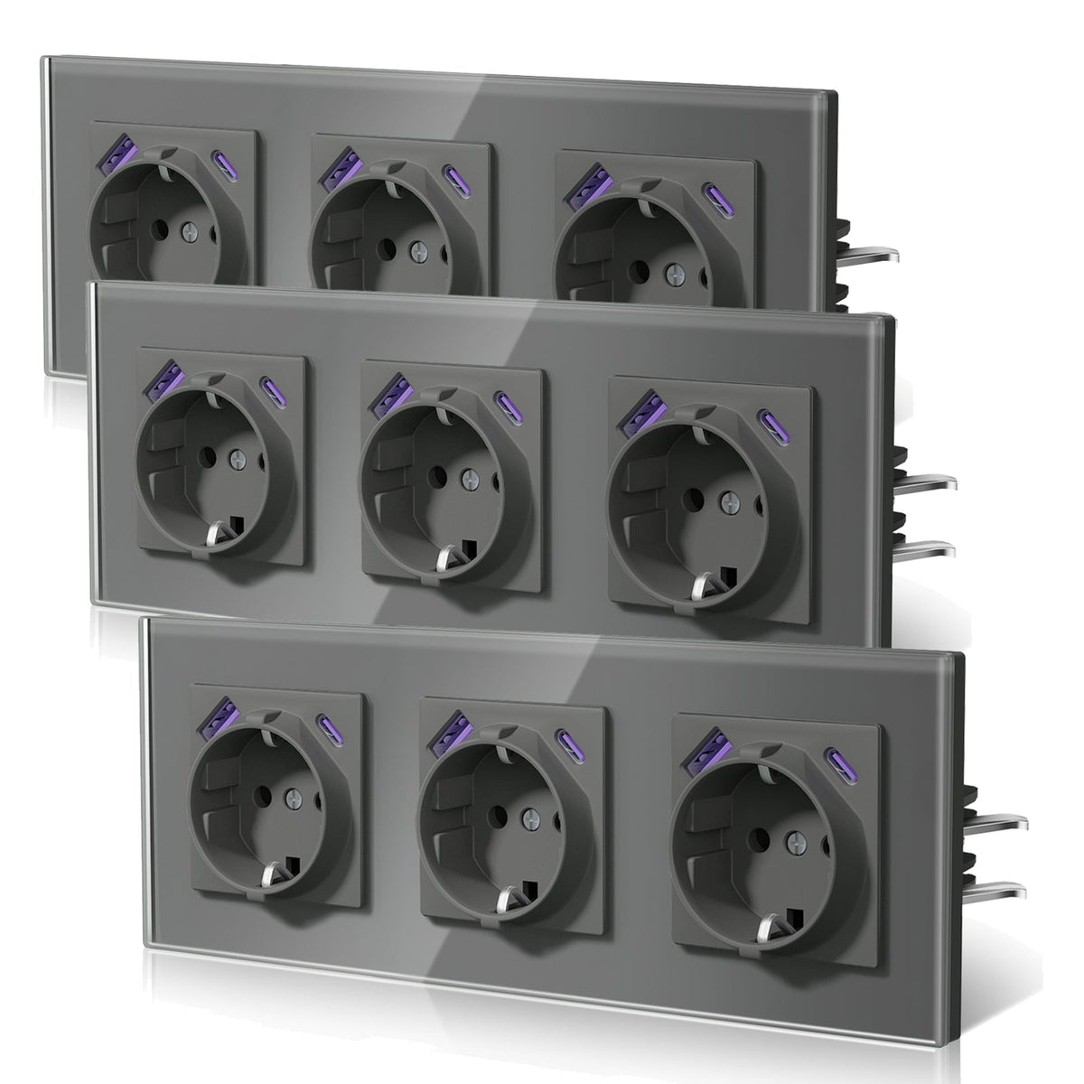 Enchufes BSEED 20W EU con tecnología Claw de carga rápida USB tipo C. Regletas y enchufes BSEEDswitch. Gris. Triple. Paquete de 3 unidades.