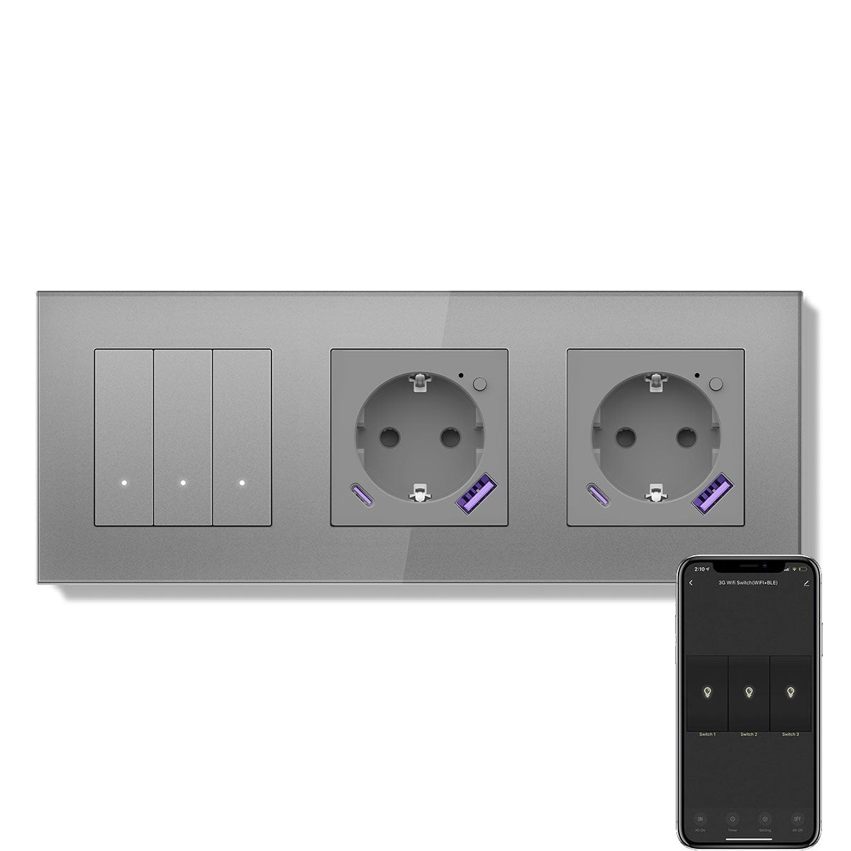 Echo Series Smart Wifi Switch With Double Wifi EU Socket Support energy monitoring with 20W usb type-c port 228mm Power Outlets & Sockets Bseedswitch Grey 3Gang