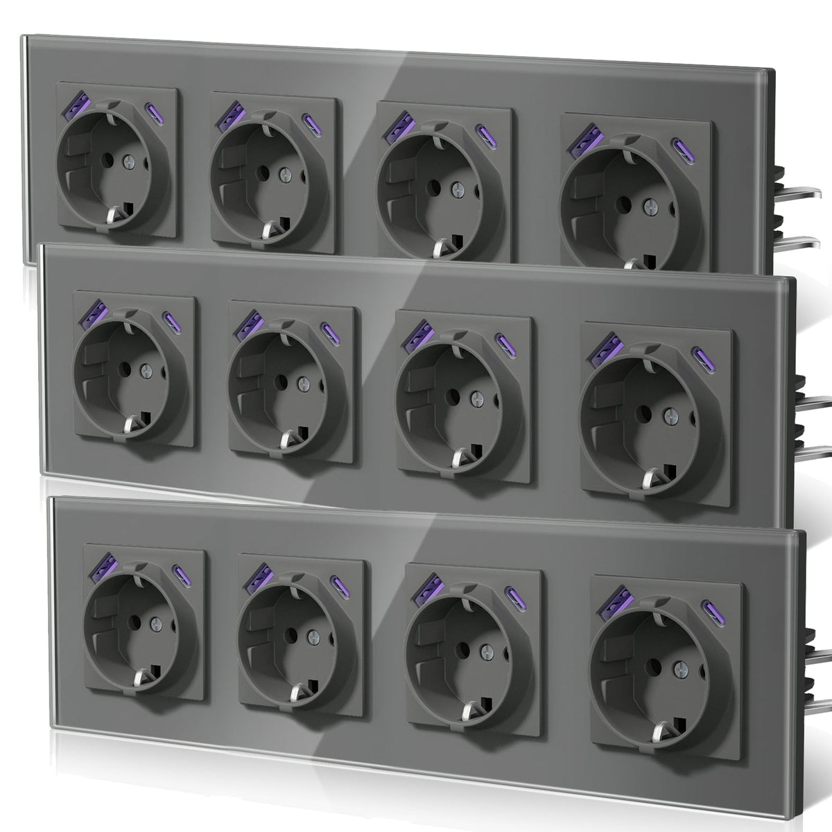 Enchufes BSEED 20W EU con tecnología de carga rápida USB tipo C con garra, tomas de corriente y enchufes BSEEDswitch, gris, cuádruple, 3 unidades/paquete