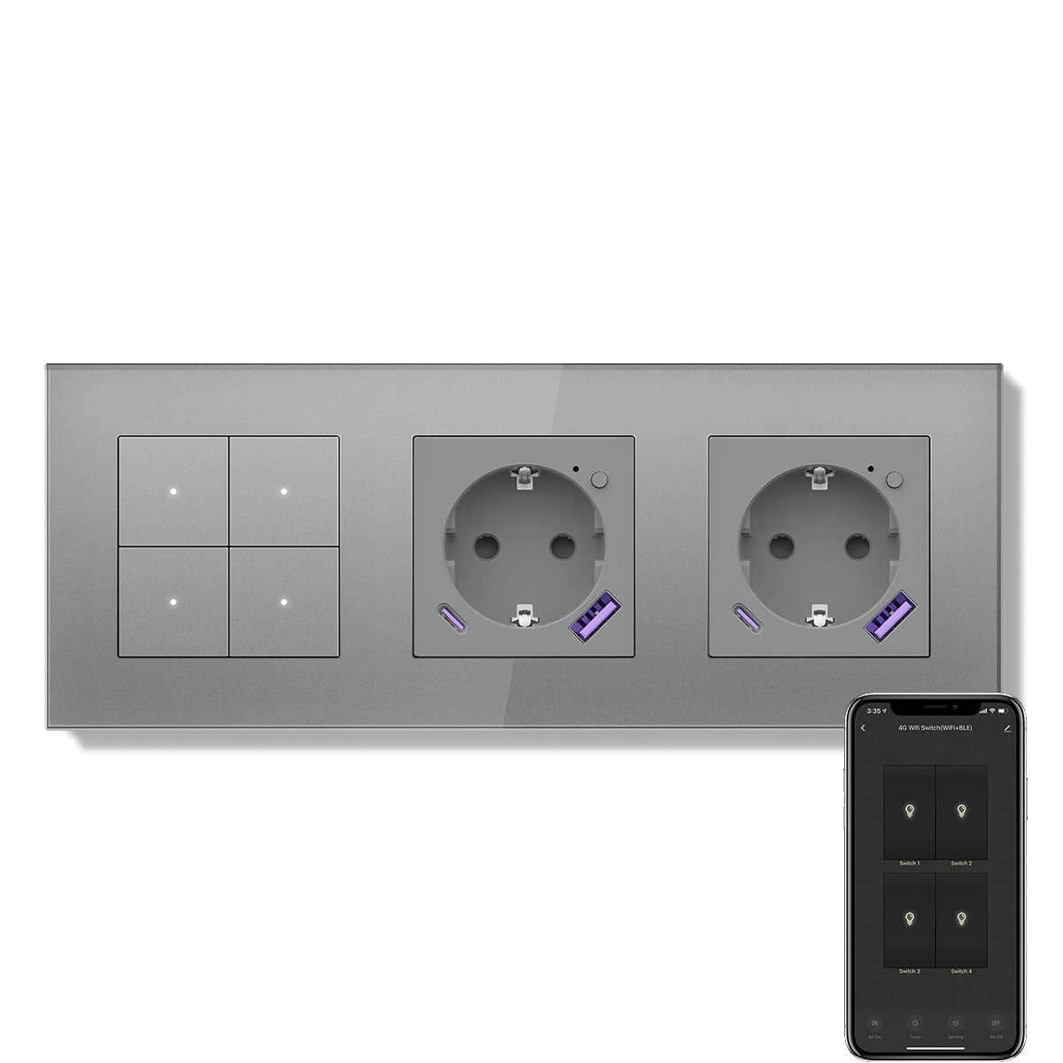 Echo Series Smart Wifi Switch With Double Wifi EU Socket Support energy monitoring with 20W usb type-c port 228mm Power Outlets & Sockets Bseedswitch Grey 4Gang