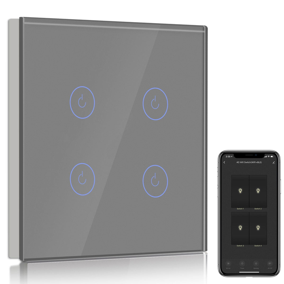 Bseed Smart Wifi Light Switch Wall Switch (With Neutral) Light Switches Bseedswitch Grey 1Pcs/Pack 4 Gang