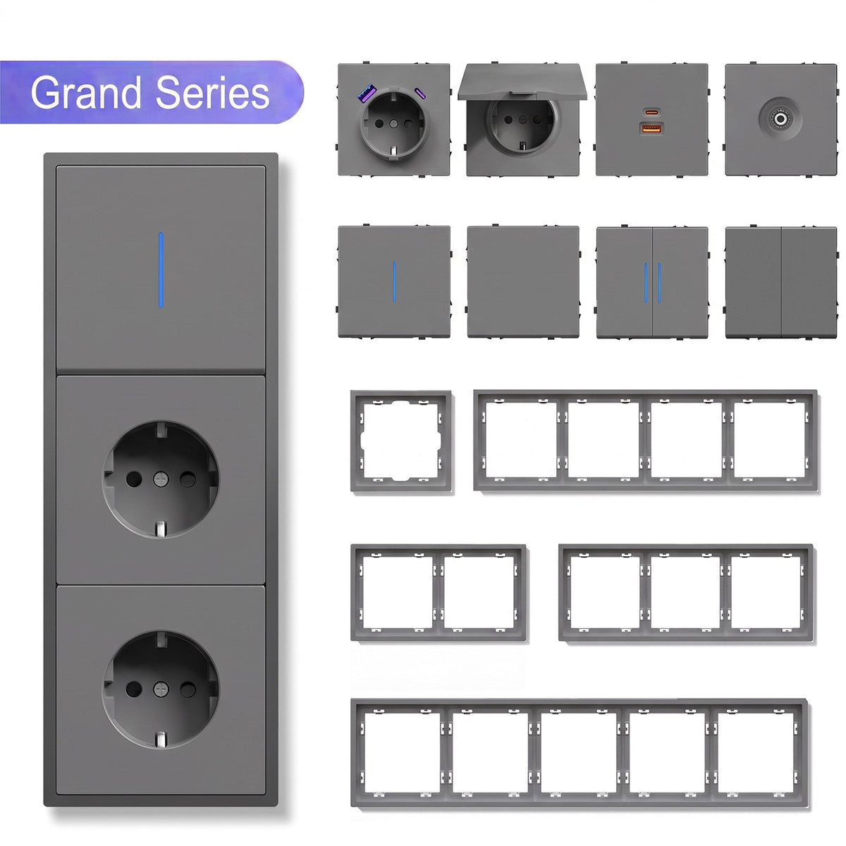 Grand Series DIY Part Customized free combinations Plastic Panels Grey Color Power Outlets & Sockets Bseedswitch