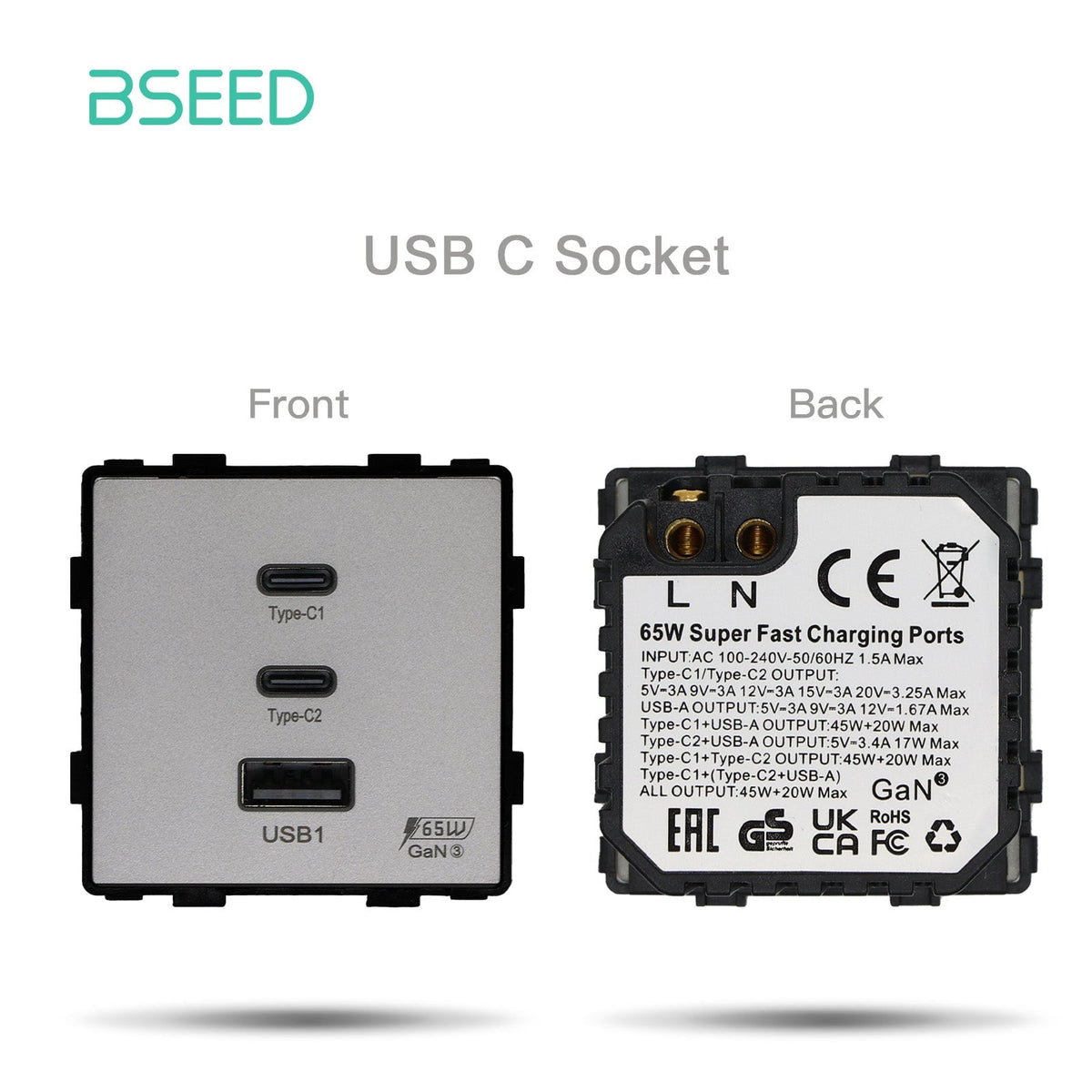 Bseed EU UK Russia Standard Plastic Socket Button Switch Function Key DIY Home Improvement Wall Plates & Covers Bseedswitch Grey 65W fast charging A1C2 socket