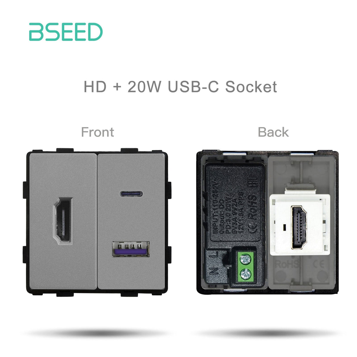 Bseed Prise standard UE/UK/Russie, bouton-poussoir, touche de fonction, bricolage, plaques et couvercles muraux, Bseedswitch gris HD avec touche de fonction USB-C
