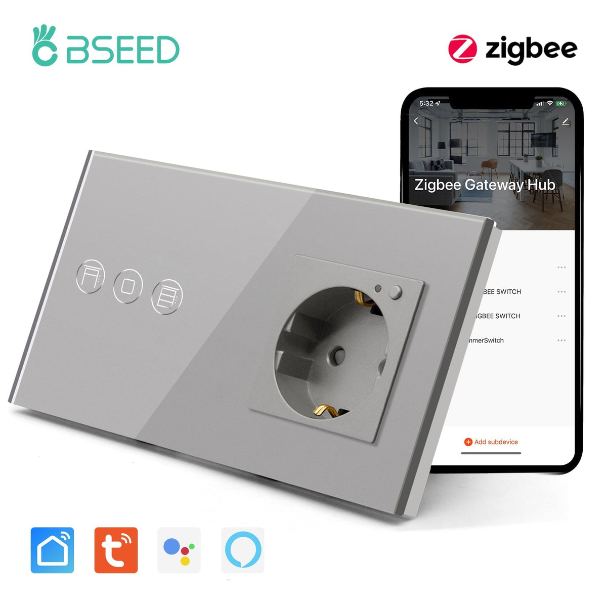 Zigbee Touch Roller Shutter Switch With Smart Socket 1/2/3 Gang 157mm Power Outlets & Sockets Bseedswitch Grey