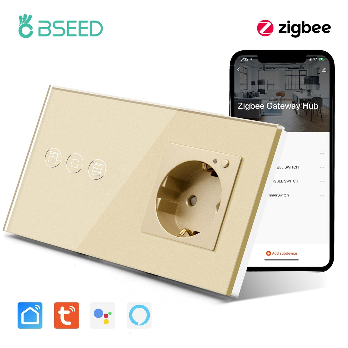Zigbee Touch Roller Shutter Switch With Smart Socket 1/2/3 Gang 157mm Power Outlets & Sockets Bseedswitch Golden