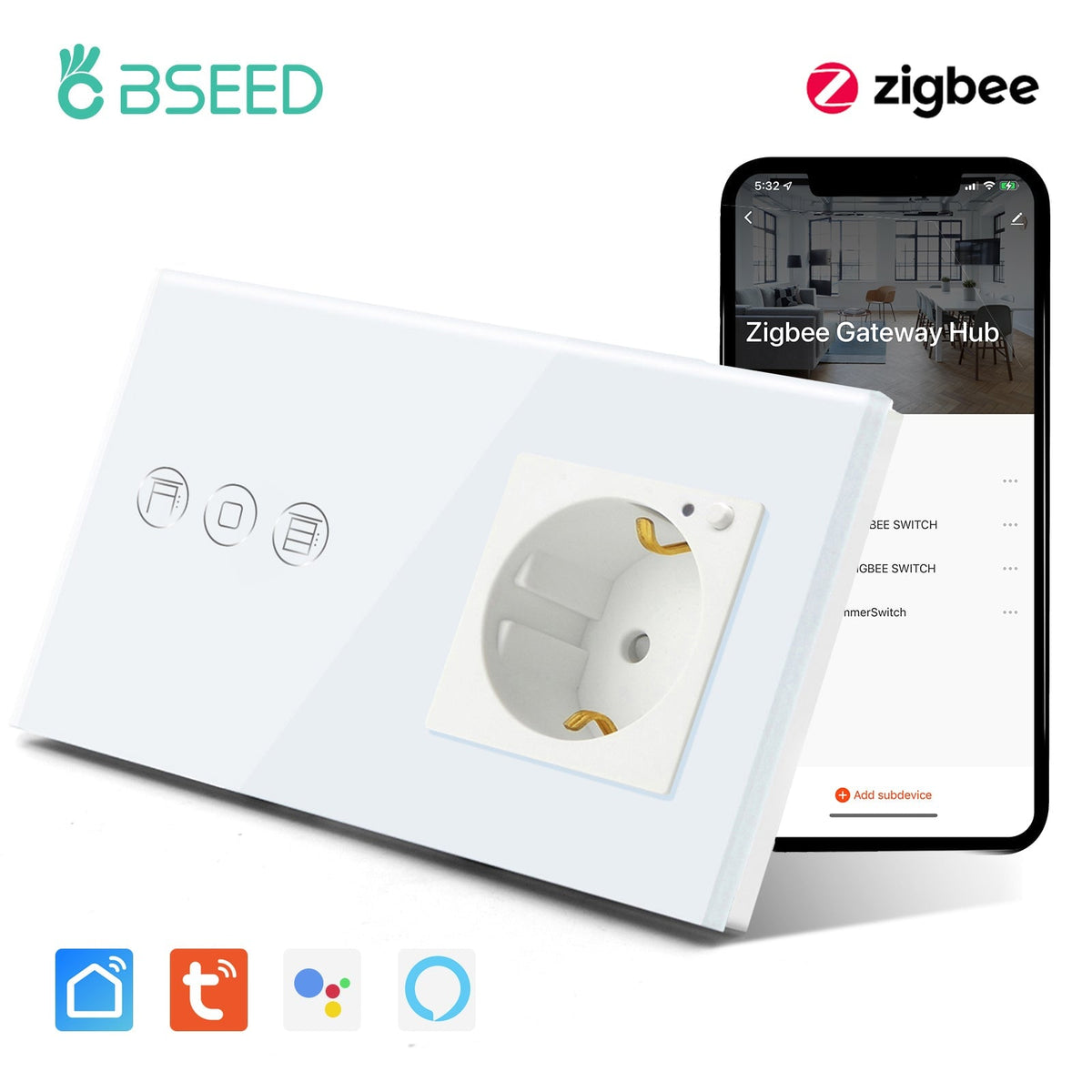 Zigbee Touch Roller Shutter Switch With Smart Socket 1/2/3 Gang 157mm Power Outlets & Sockets Bseedswitch White