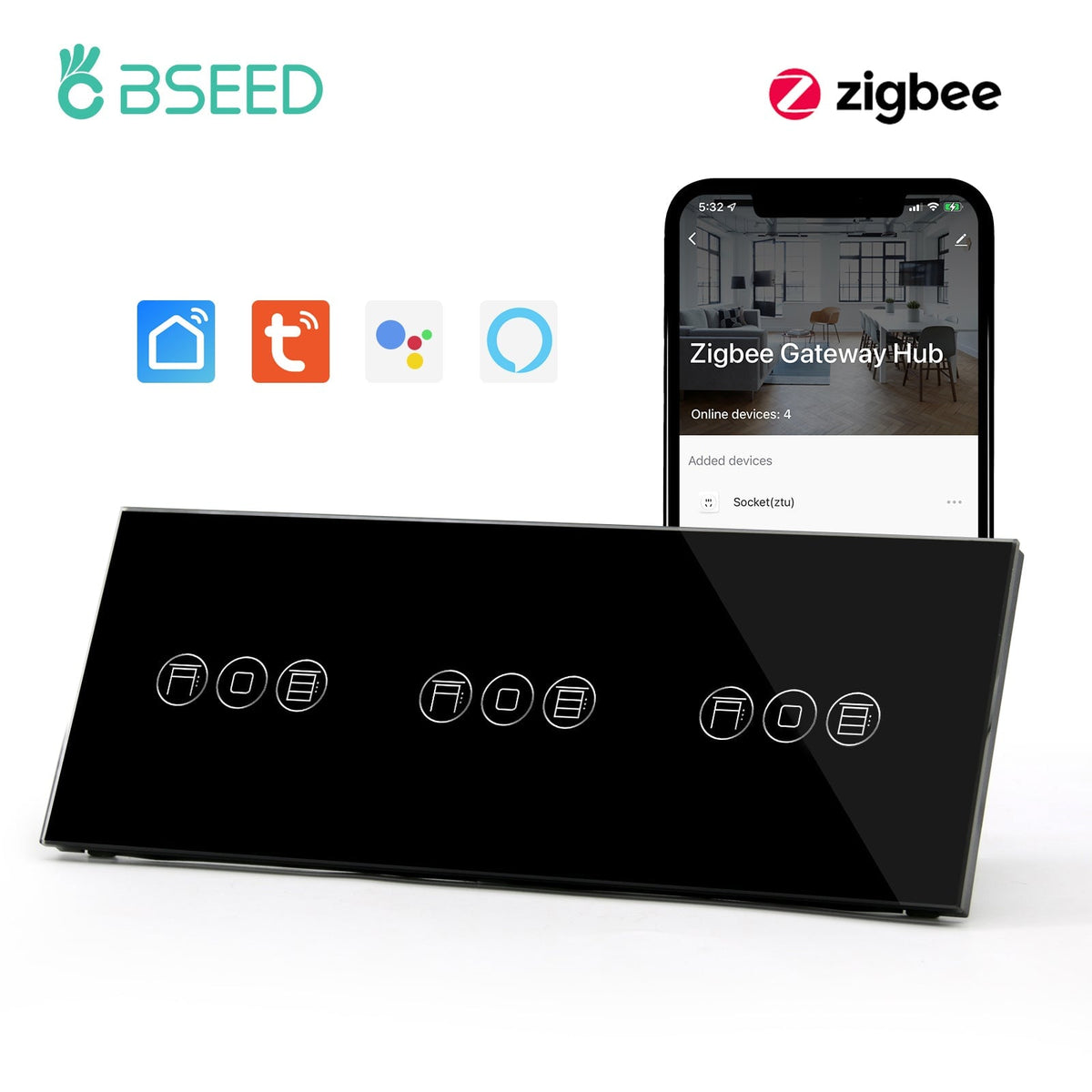 BSEED Zigbee triple Shutter Switch Smart Wall Touch Switch Shutters Bseedswitch Black
