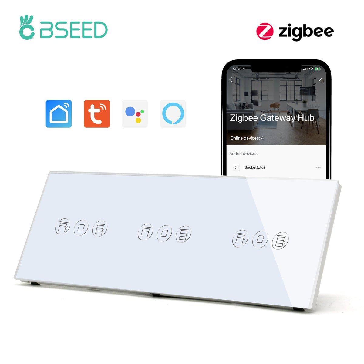 BSEED Zigbee triple Shutter Switch Smart Wall Touch Switch Shutters Bseedswitch White
