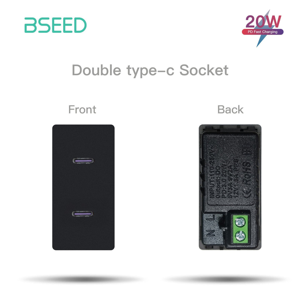 USB PC CAT5 ST Wandsteckdose Steckdosenrahmen DIY-Teile frei kombinierbare Steckdose Bseedswitch Schwarz 20W C2 doppelte Typ-C-Steckdose