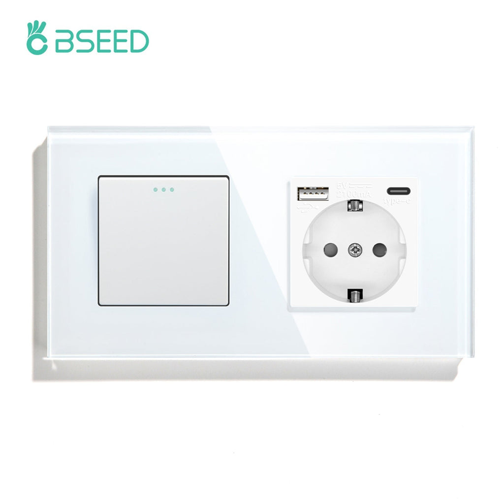 BSEED Mechanical 1/2/3 Gang 1/2Way Touch Light Switch With Normal Eu Socket with typcs-c Power Outlets & Sockets Bseedswitch White 1Gang 1Way