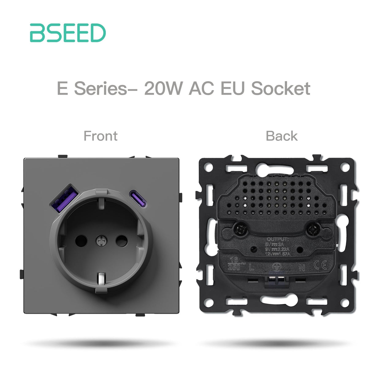 Grand Series DIY Part Customized free combinations Plastic Panels Grey Color Power Outlets & Sockets Bseedswitch EU Soccket with 20W AC Port