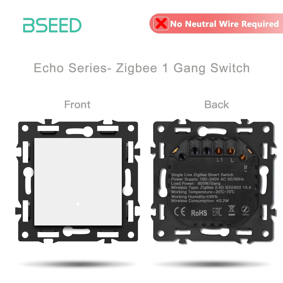 Interruttore Smart Zigbee serie Click, inserto presa, parte fai-da-te, combinazioni libere personalizzate, pannello in vetro cristallo bianco, interruttore luce Bseedswitch Zigbee 1 Gang, non richiede filo neutro