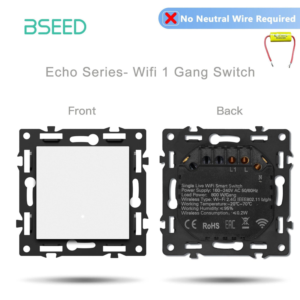 Interruttore Smart WiFi Bseed serie Click, componente fai-da-te personalizzabile, combinazioni libere, inserto presa, pannello in vetro cristallo bianco, interruttore 1 Gang senza filo neutro