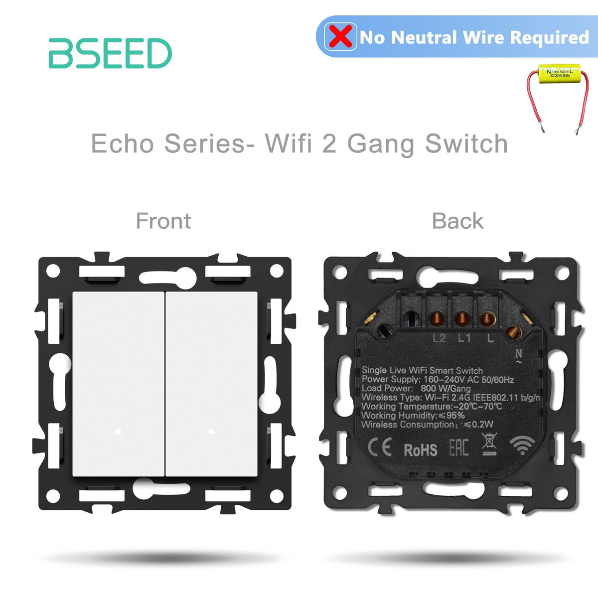 BSEED DIY Part Customized Free Combinations Mechanical Switch Socket Insert White Color Crystal Glass Panel Light Switches Bseedswitch Wifi 2 Gang switch No Neutral